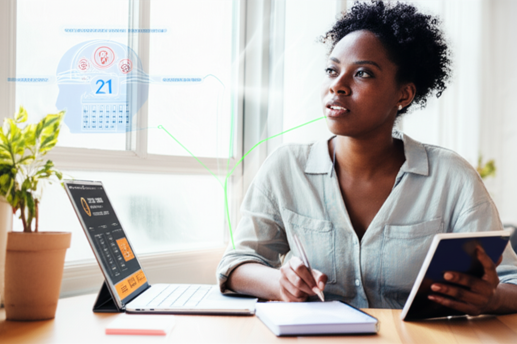 Imagem ilustrativa de uma pessoa em auto-reflexão, escrevendo em um diário com um tablet e elementos abstratos de conexões mentais, representando o 'Desafio 21 Dias: Reprogramação de Apego' do Psicólogo Mateus José. A cena evoca crescimento pessoal, neuroplasticidade e a jornada para um apego seguro.