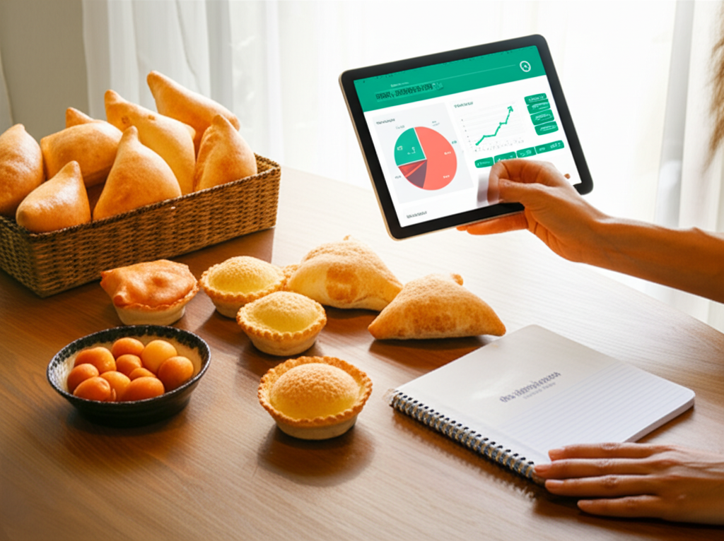 Variedade de salgados de forno dourados e apetitosos com tablet exibindo app de gestão de lucro e caderno de negócios. Imagem de empreendedorismo em culinária.
