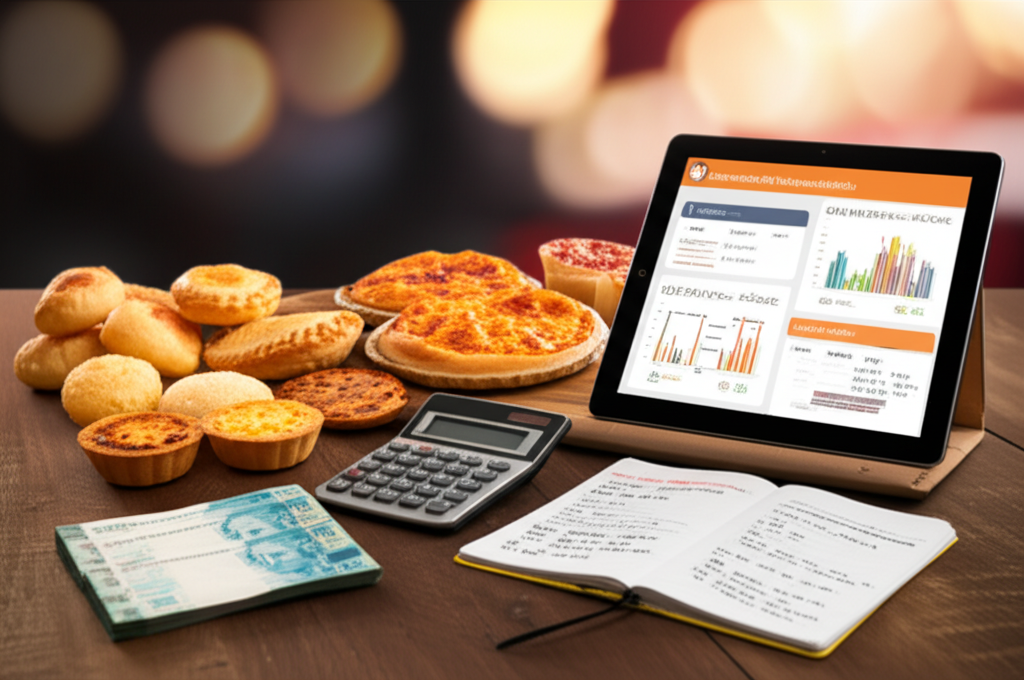 Variedade apetitosa de salgados de forno com dinheiro, calculadora e caderno de negócios, simbolizando lucro e empreendedorismo.