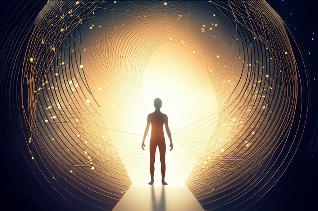 Imagem conceitual de uma pessoa quebrando barreiras mentais, com luz e um caminho claro emergindo, simbolizando a superação de bloqueios emocionais.