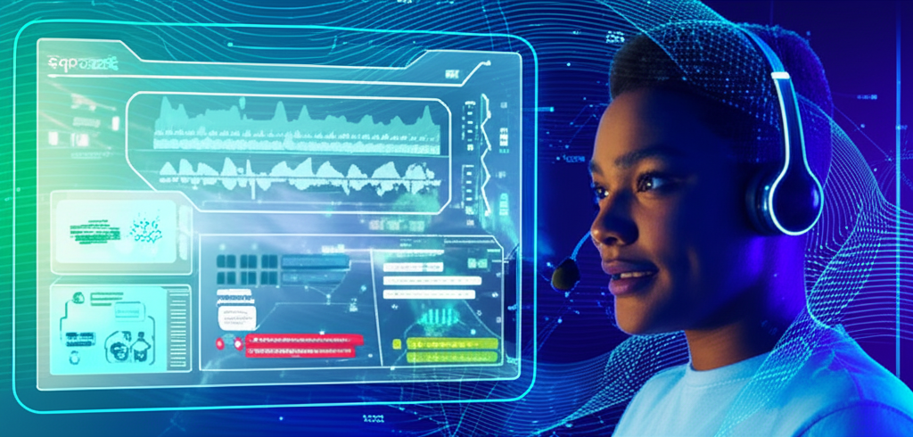 Pessoa falando em microfone com interface SpeakAI de análise de voz e cenários de conversação em inglês.