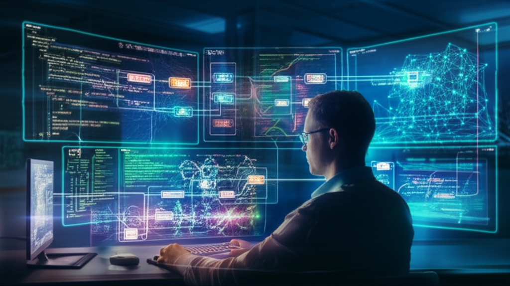 Engenheiro de software desenvolvendo sistemas de IA eficientes com LLMs, RAG e agentes, mostrando arquiteturas de dados e código em telas futuristas.