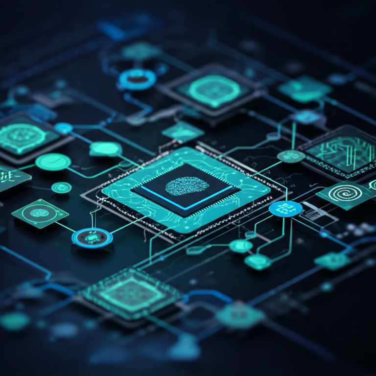 Tela de um fluxo de trabalho n8n com ícones de inteligência artificial e conectores digitais, representando o Pack de Automações IA.