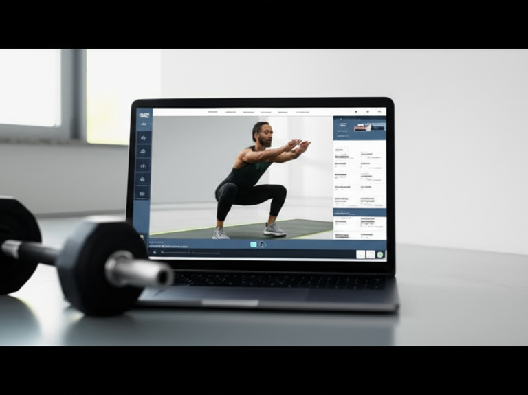 Usuário executando treino funcional em casa, com tablet exibindo a plataforma de vídeos de exercícios '500 Treinos de Funcional'.