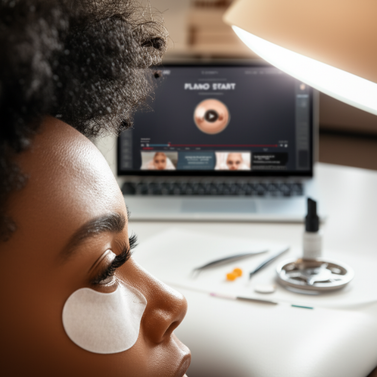 Close-up do olho de uma mulher com extensões de cílios perfeitamente aplicadas, com um laptop ao fundo exibindo um curso online de cílios.