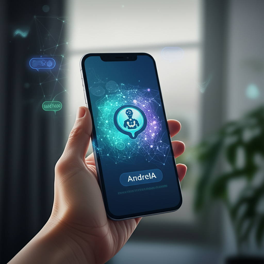 Smartphone com interface do aplicativo AndreIA, o terapeuta de bolso de IA, em uma mão. Padrões neurais e luzes calmas envolvem o telefone, representando apoio emocional baseado em neurociência e psicanálise.