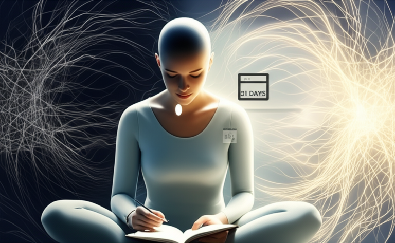 Imagem conceitual do Desafio 21 Dias: Reprogramação de Apego do Psicólogo Mateus José. Representa a transição de padrões de apego ansioso para seguro, com uma figura calma e abstrata de linhas mentais se transformando de caóticas em harmoniosas, simbolizando regulação emocional e neuroplasticidade em 21 dias.