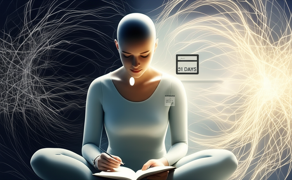 Imagem conceitual do Desafio 21 Dias: Reprogramação de Apego do Psicólogo Mateus José. Representa a transição de padrões de apego ansioso para seguro, com uma figura calma e abstrata de linhas mentais se transformando de caóticas em harmoniosas, simbolizando regulação emocional e neuroplasticidade em 21 dias.