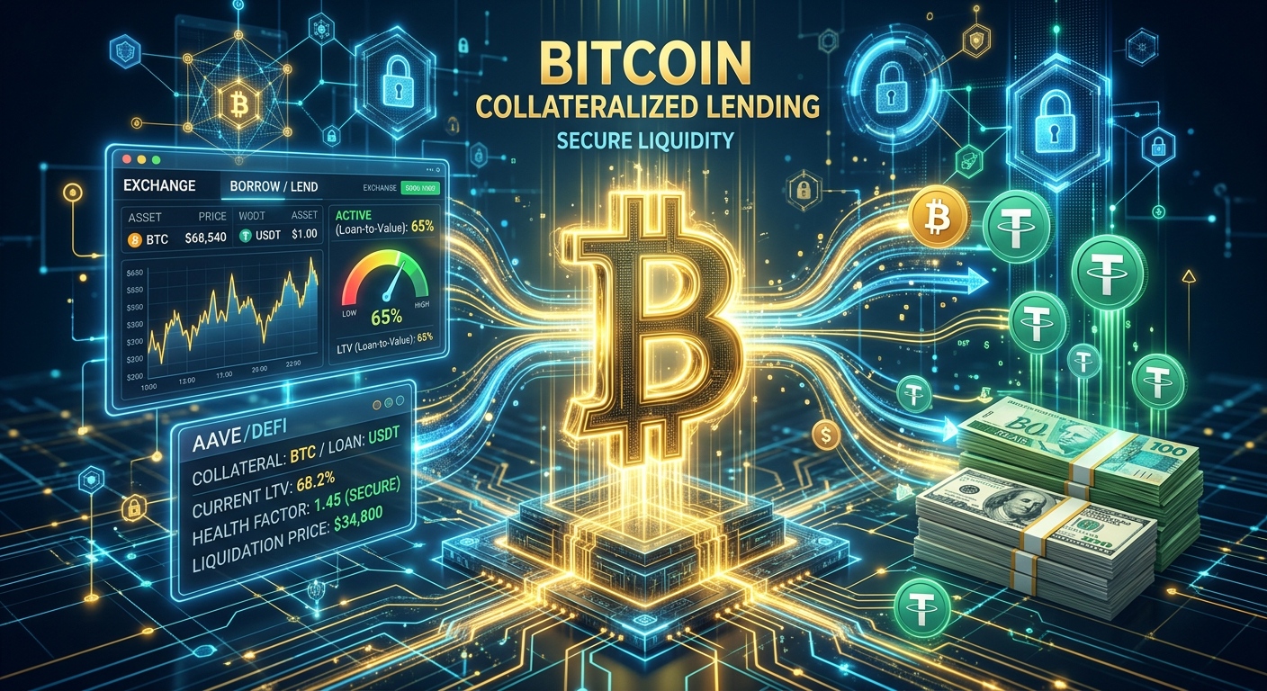 Ilustração de Bitcoin sendo usado como garantia para obter empréstimo em dinheiro ou stablecoins, mantendo a posse do criptoativo.