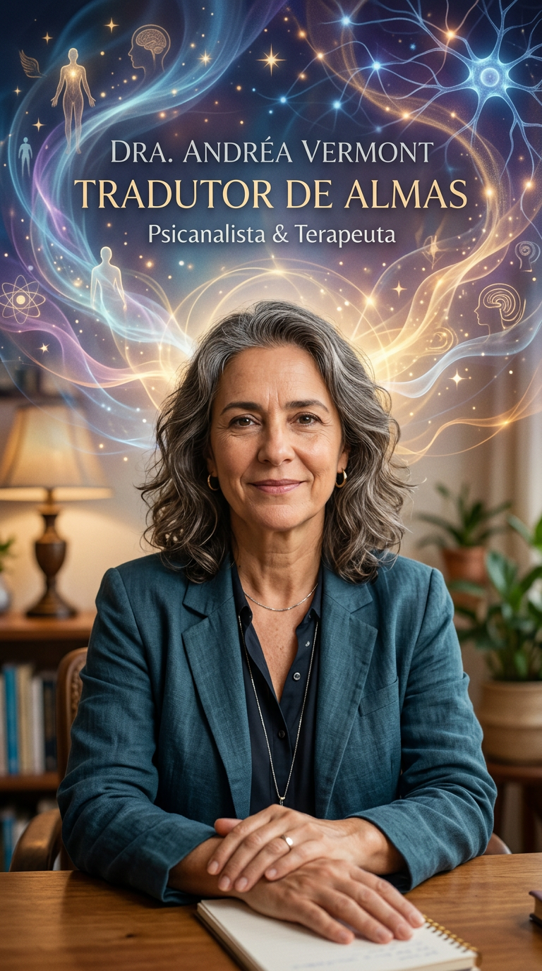 Dra. Andréa Vermont, psicanalista e Tradutora de Almas, em retrato sereno com luzes abstratas simbolizando transformação interior e clareza mental e emocional.