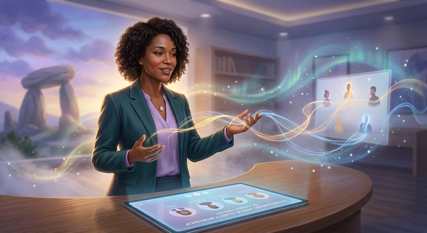 Dra. Andréa Vermont conduzindo a 'Imersão Tradutor de Almas', com elementos visuais que sugerem cura emocional e clareza mental em um ambiente online.