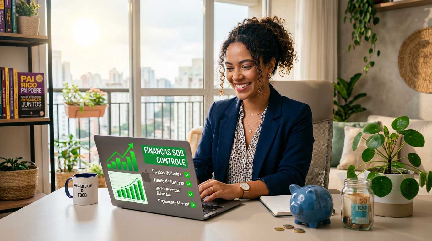 Nádia C. B. Vieira Pace ou aluna com finanças organizadas, sorrindo à frente de laptop com dinheiro, simbolizando liberdade e prosperidade financeira após sair das dívidas.
