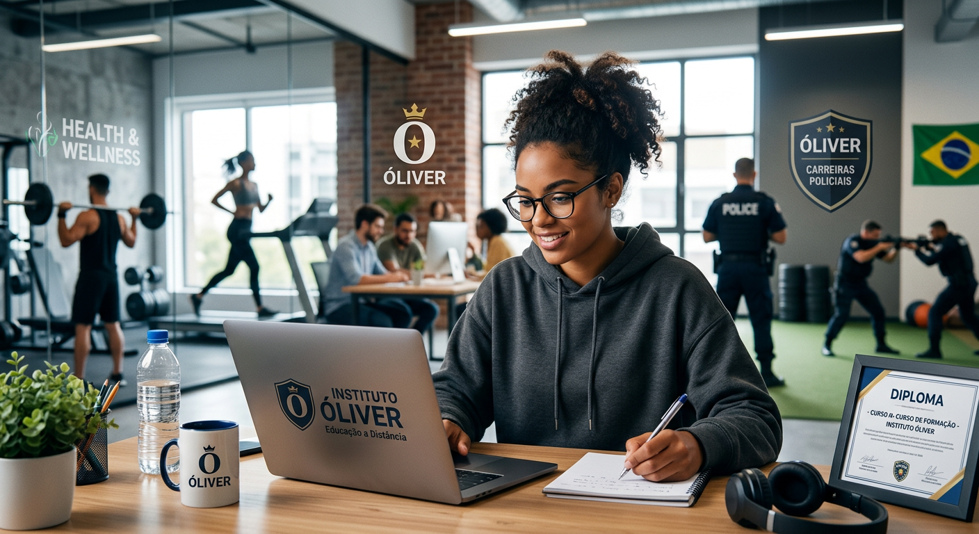 Estudante dedicado em laptop com elementos de fitness e carreira policial ao fundo, representando o Curso Superior Bacharelado em Educação Física EAD do Instituto Óliver.