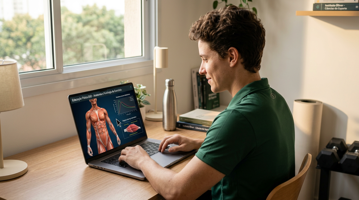 Jovem estudante em um laptop, imerso em conteúdos de Educação Física EAD do Instituto Óliver, com gráficos de anatomia e elementos fitness no ambiente.