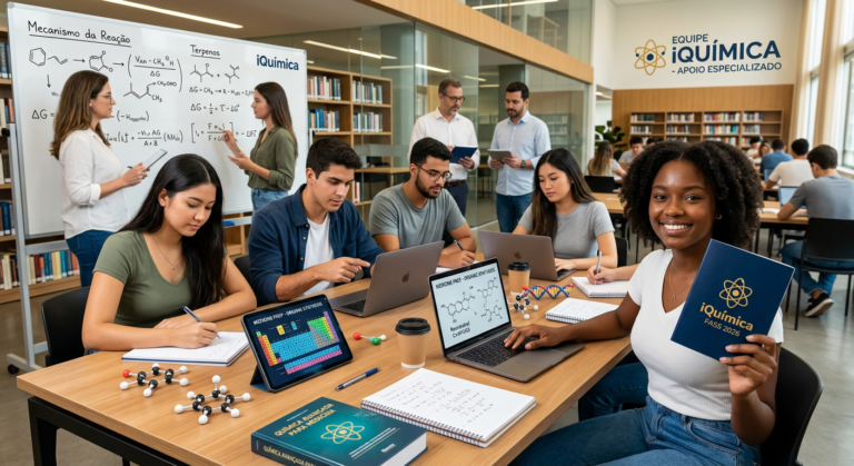 Estudantes concentrados utilizando o curso Passaporte iQuímica 2026 (IQPASS) para estudar Química, com a orientação de professores, visando aprovação em cursos de alta concorrência como Medicina. Fórmulas e materiais de estudo digital são visíveis.