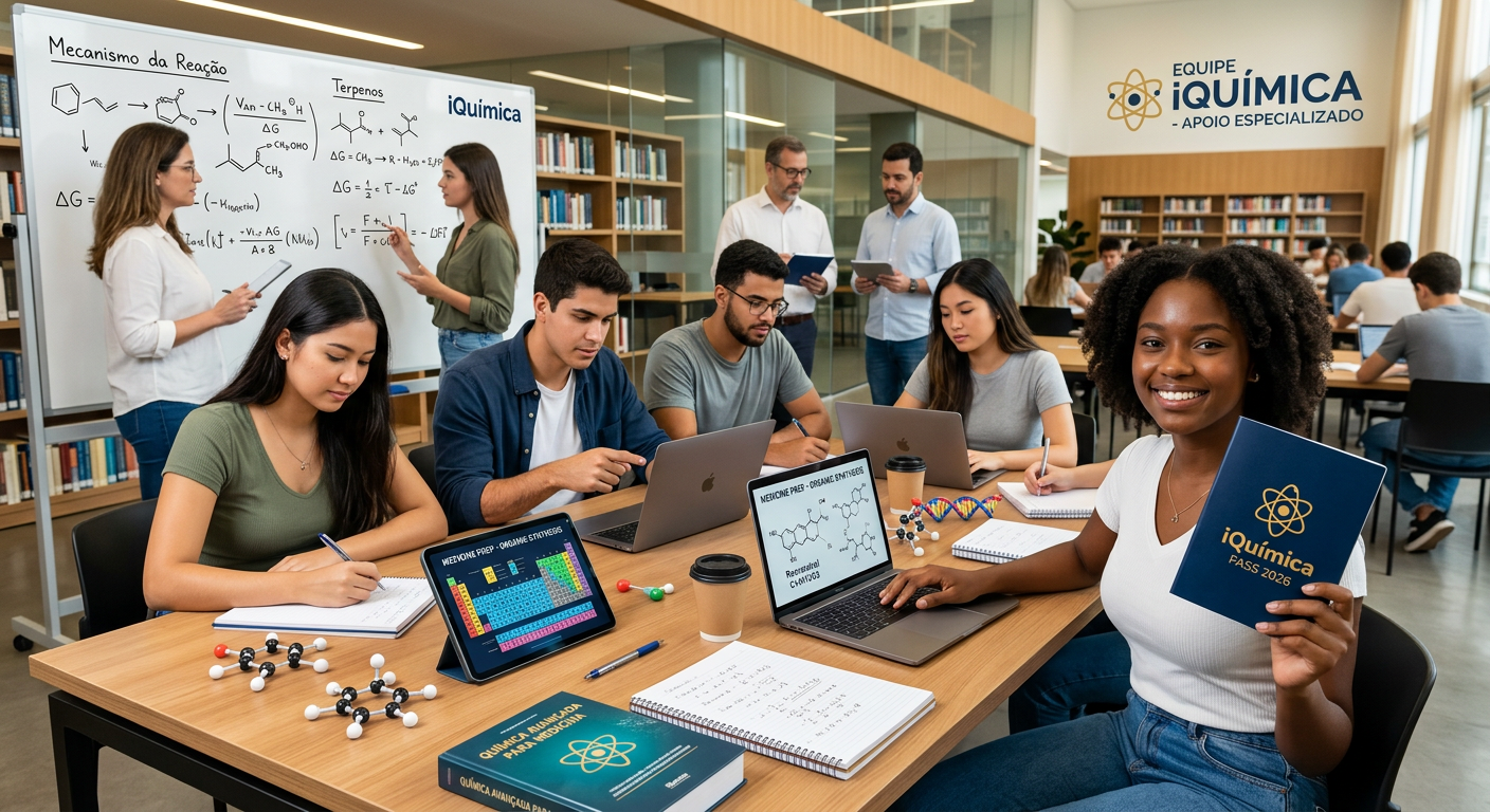 Estudantes concentrados utilizando o curso Passaporte iQuímica 2026 (IQPASS) para estudar Química, com a orientação de professores, visando aprovação em cursos de alta concorrência como Medicina. Fórmulas e materiais de estudo digital são visíveis.