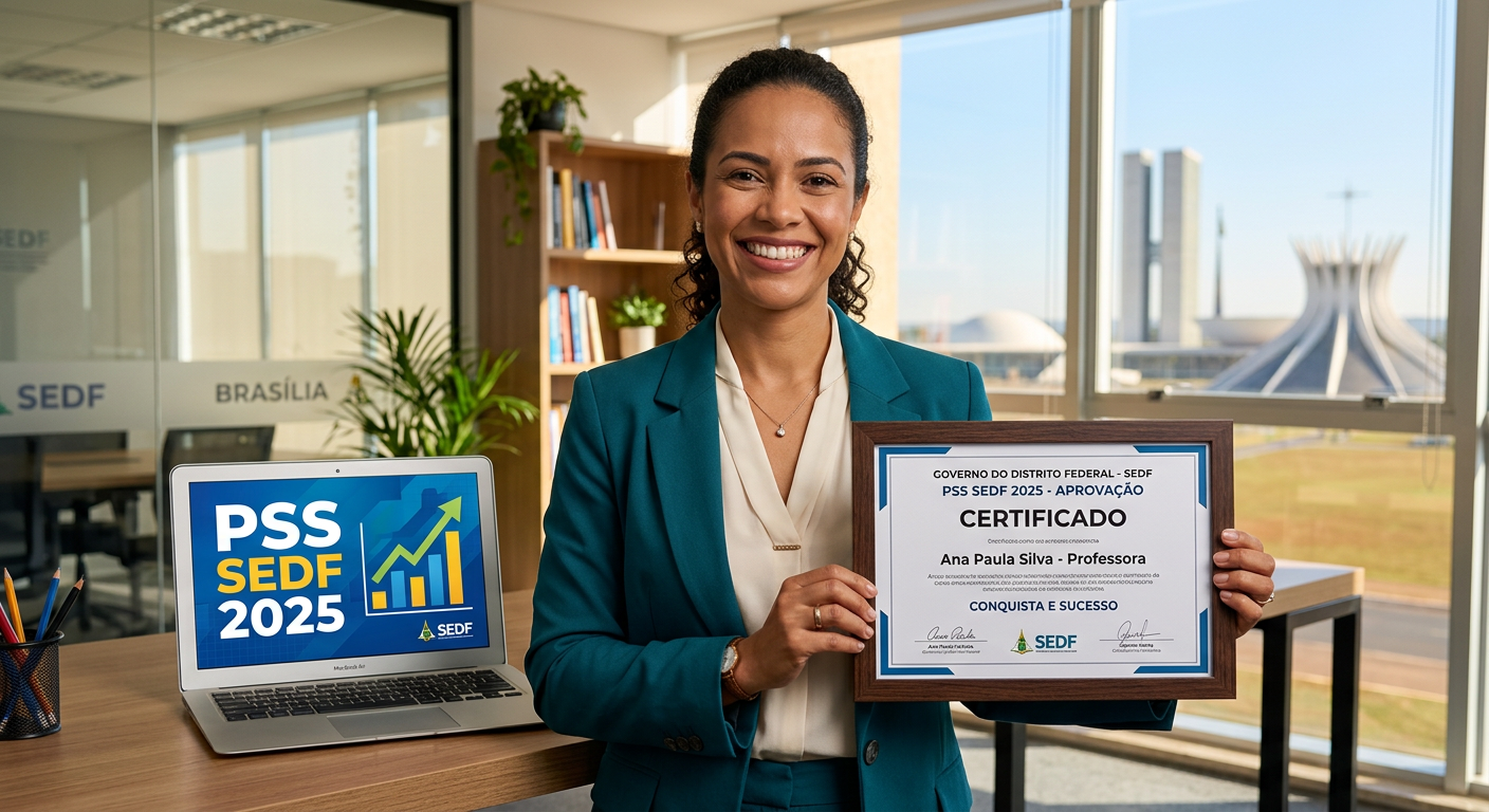 Professor(a) confiante com certificado do curso PSS SEDF 2025, simbolizando aprovação