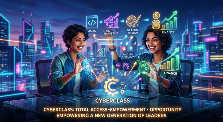 Pessoa aprendendo habilidades digitais diversas através do portal CyberClass Petaxxon, com interface holográfica e ícones de cursos de marketing, programação e design.