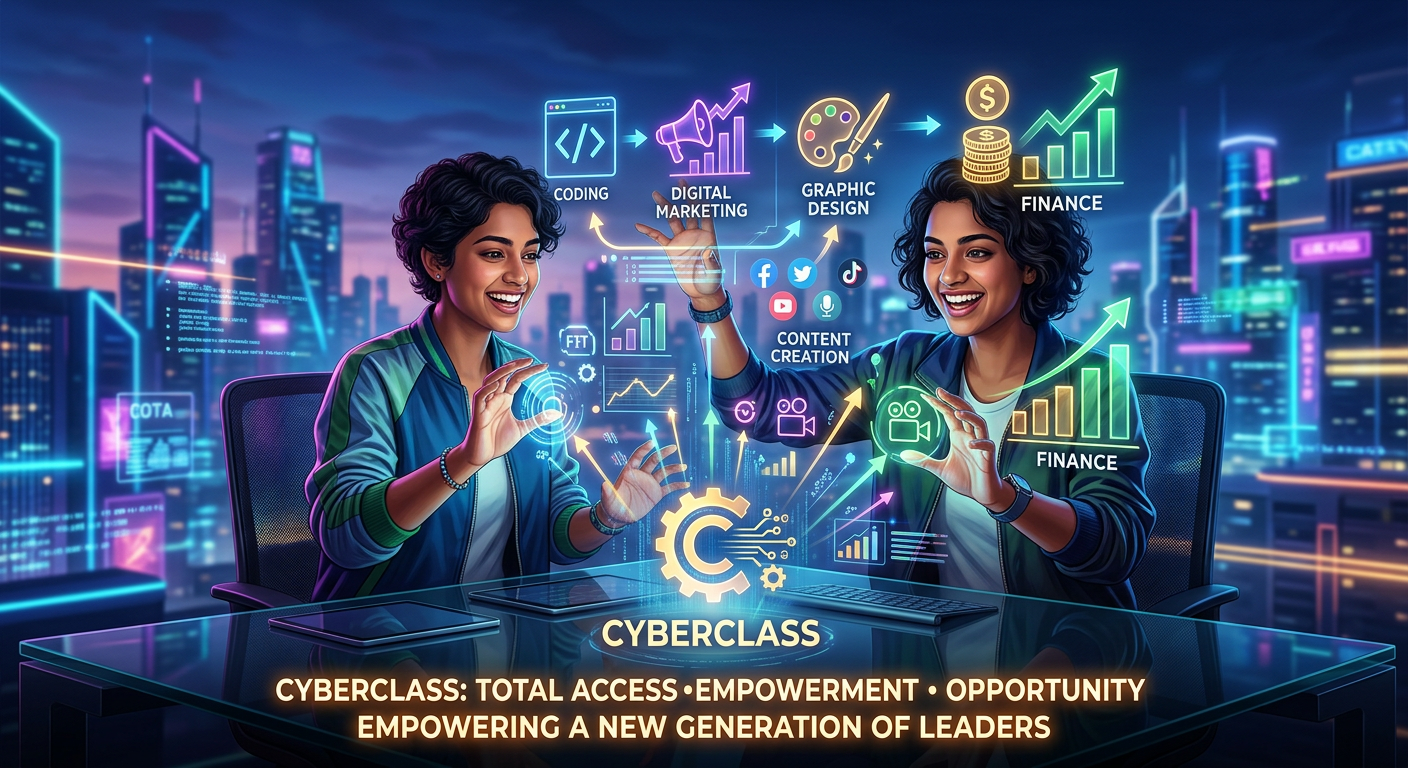 Pessoa aprendendo habilidades digitais diversas através do portal CyberClass Petaxxon, com interface holográfica e ícones de cursos de marketing, programação e design.