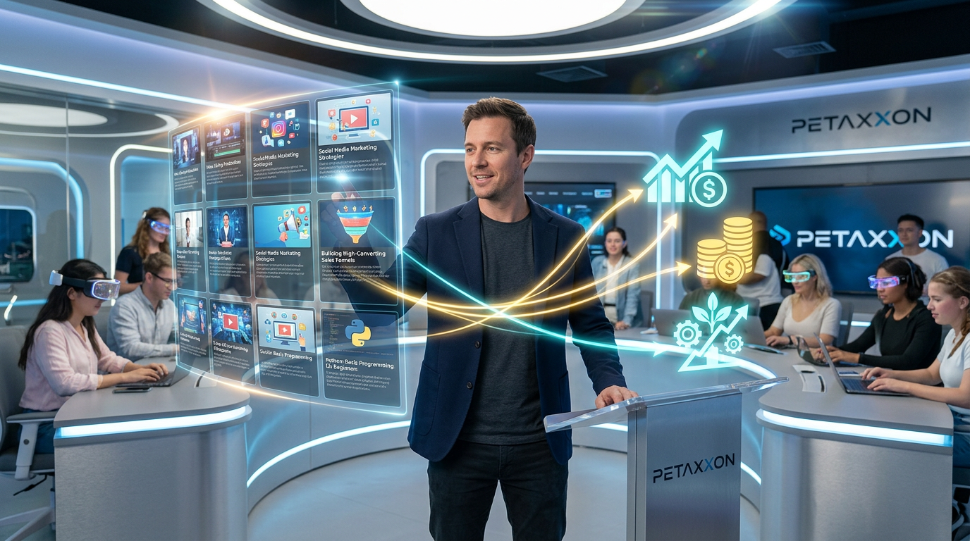 Peter Jordan em um ambiente digital futurista com telas holográficas do CyberClass, exibindo cursos de edição, marketing, vendas e programação para monetização online.