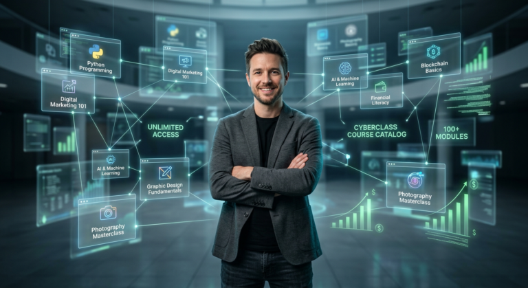 Peter Jordan apresentando a plataforma CyberClass com ícones de diversos cursos em um ambiente digital futurista, simbolizando acesso ilimitado.