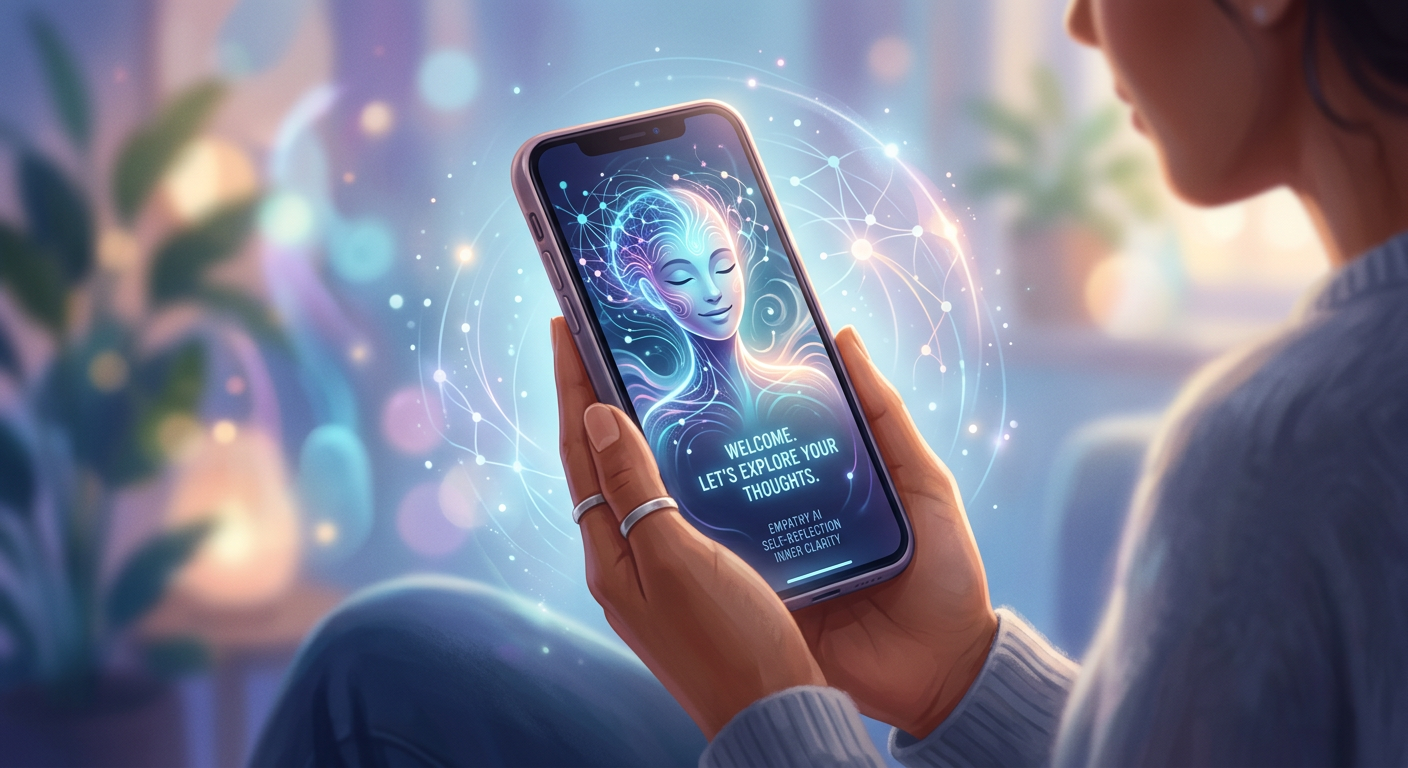 Mão segurando smartphone com avatar de IA terapêutica brilhando na tela, simbolizando o aplicativo AndreaAI de apoio emocional e autoconhecimento.