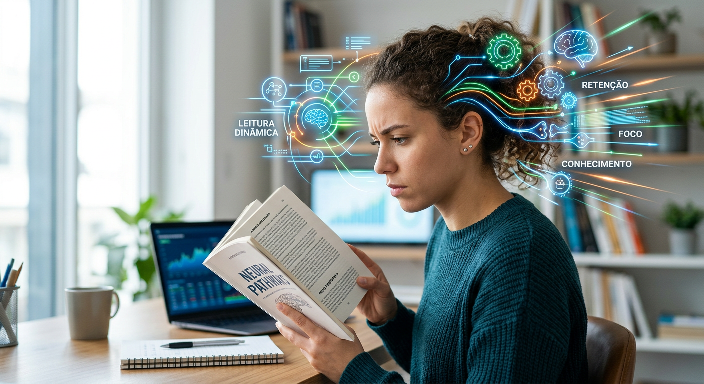 Pessoa lendo rapidamente um livro ou tablet com símbolos visuais de foco, velocidade, retenção e neurociência ao redor da cabeça, representando o Curso Leitura Dinâmica - Metaleitura.