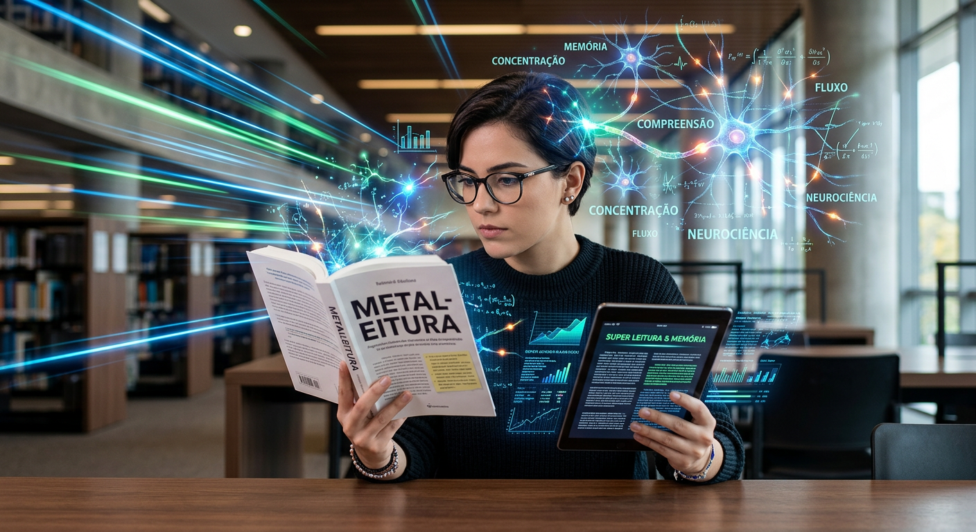 Pessoa lendo livro e tablet rapidamente, com símbolos de neurociência e velocidade. Curso Metaleitura Renato Alves.