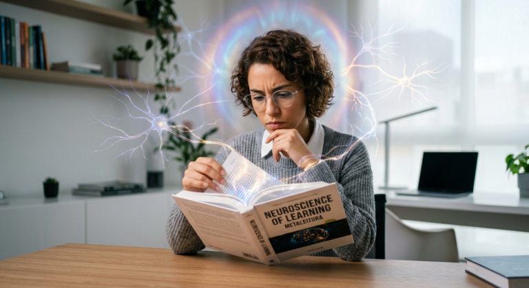 Pessoa lendo rapidamente com alta compreensão, ilustrando o Curso Leitura Dinâmica Metaleitura (LDE) de Renato Alves, com elementos visuais de atividade cerebral e foco.