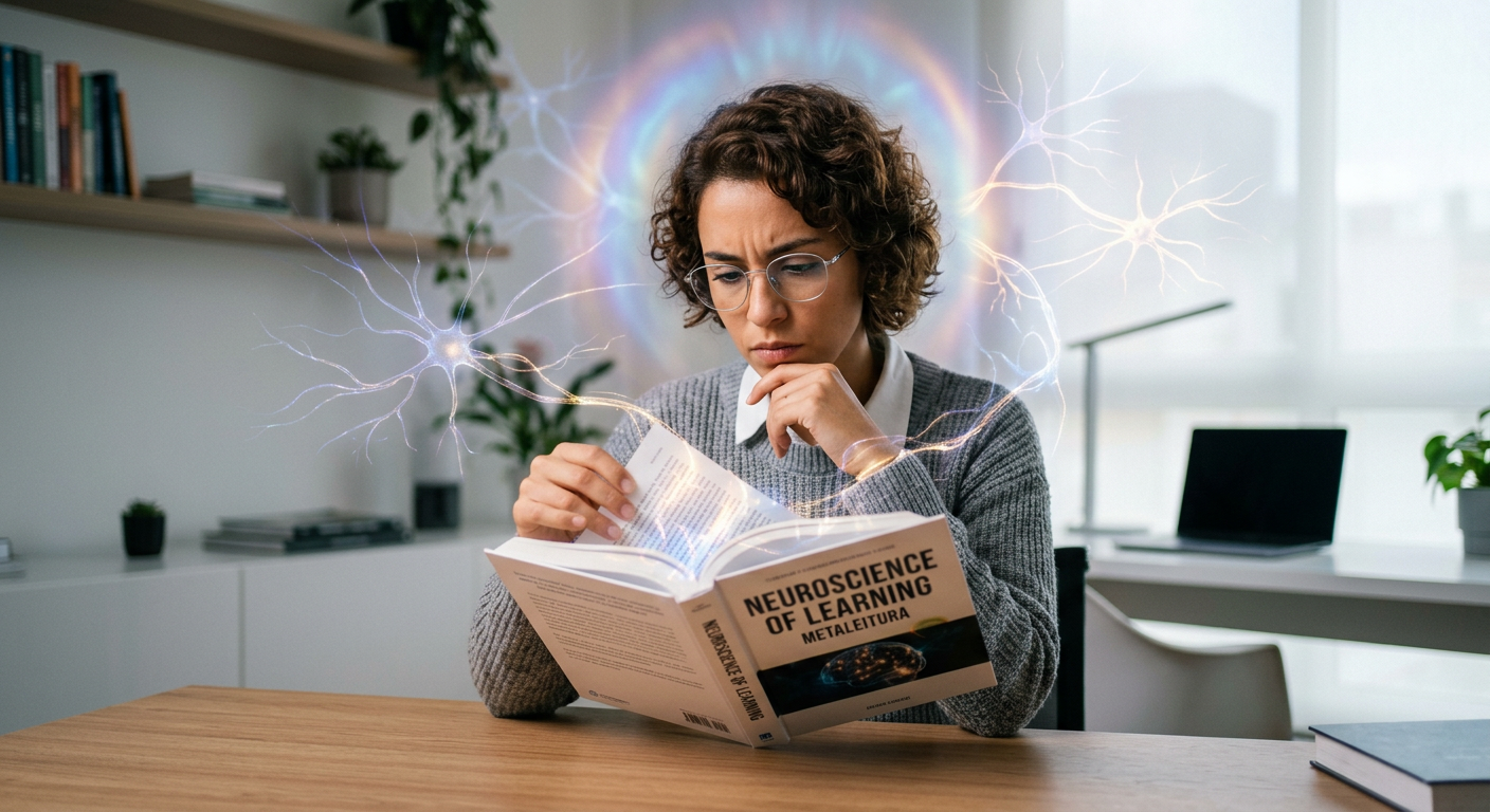 Pessoa lendo rapidamente com alta compreensão, ilustrando o Curso Leitura Dinâmica Metaleitura (LDE) de Renato Alves, com elementos visuais de atividade cerebral e foco.