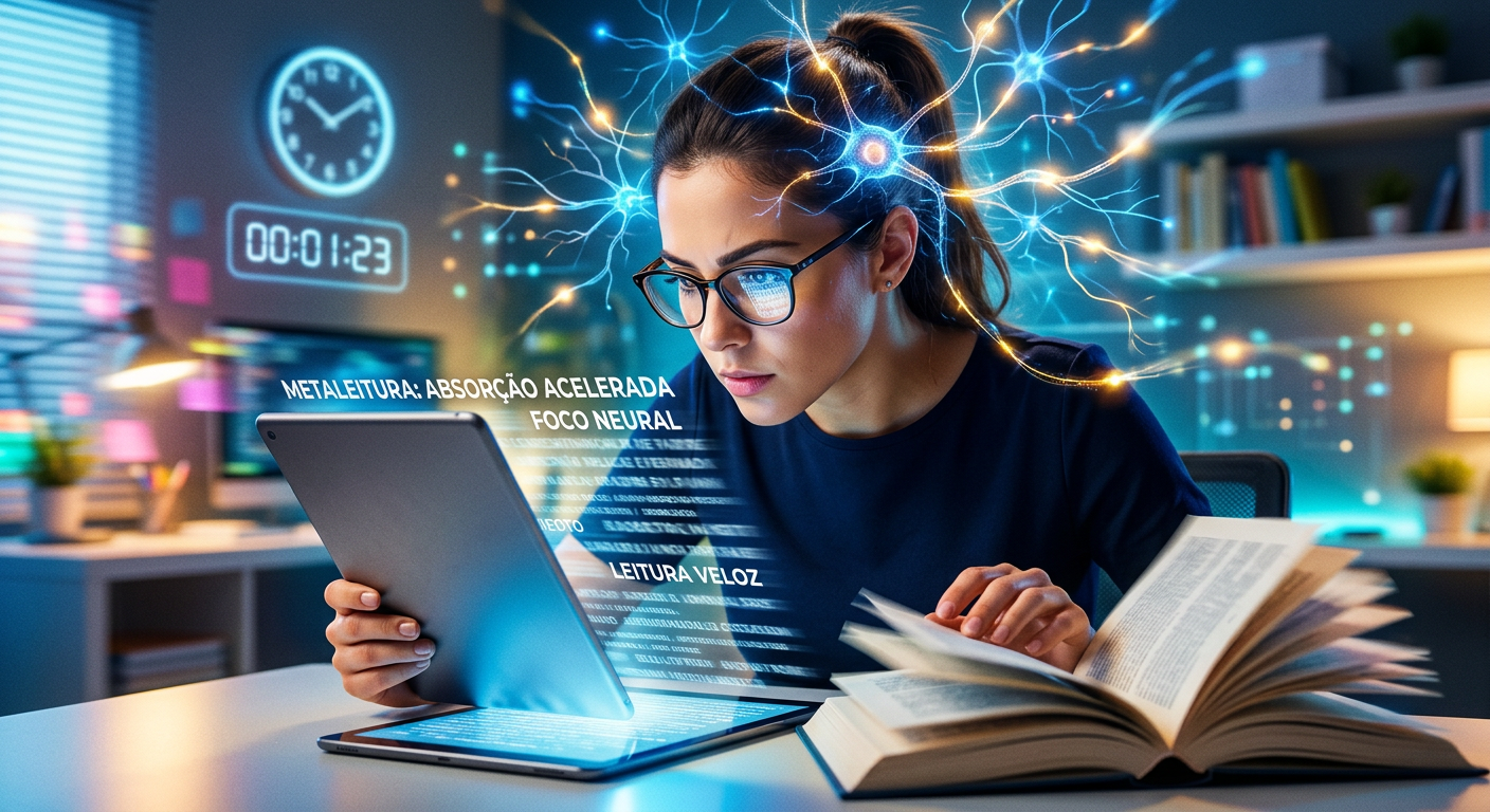 Pessoa lendo rapidamente com foco intenso, com elementos visuais de velocidade, aprendizado e atividade cerebral. Imagem representa o Curso Leitura Dinâmica Metaleitura de Renato Alves.