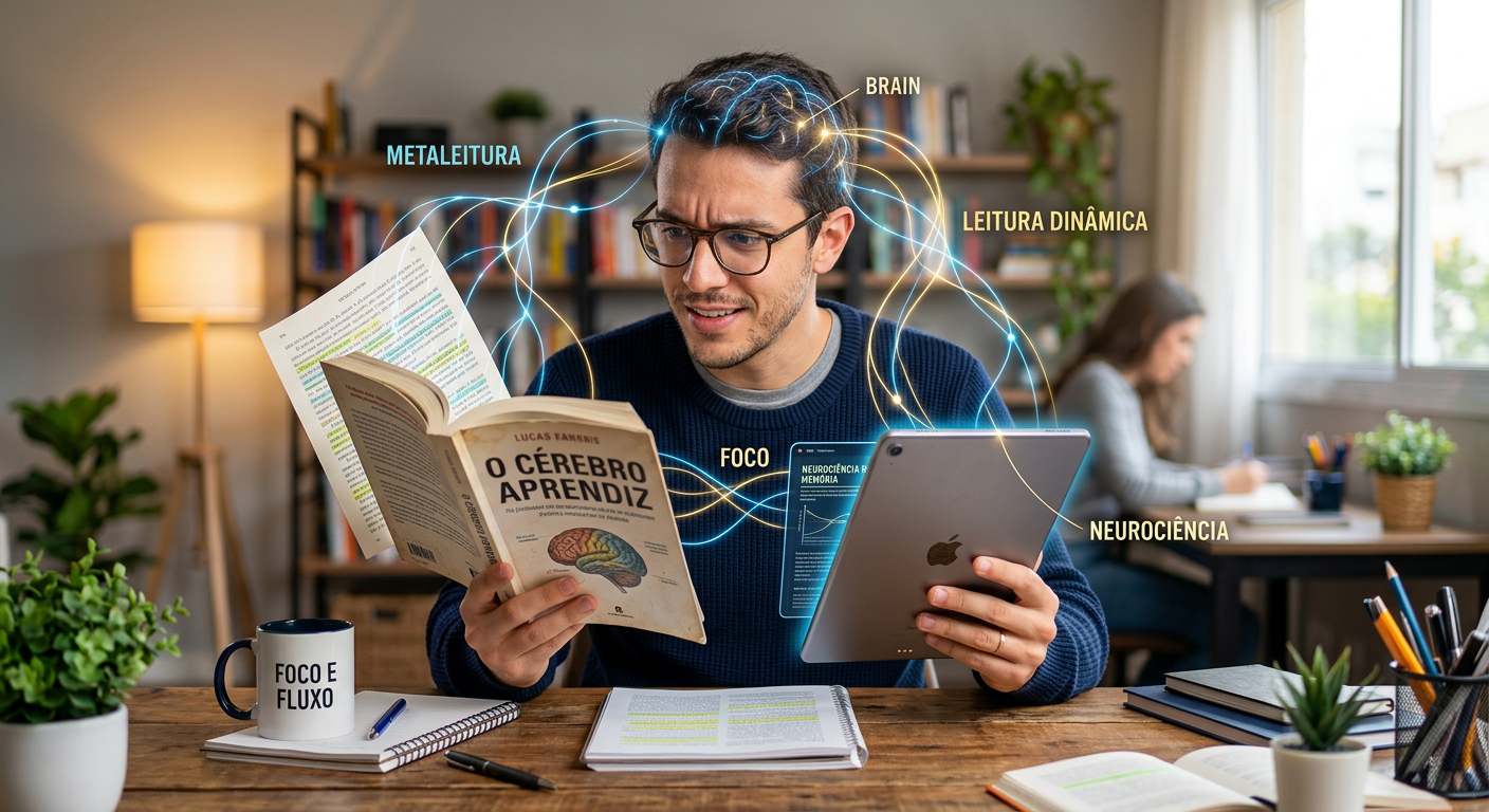 Estudante ou profissional lendo rapidamente com foco, simbolizando leitura dinâmica e metaleitura, com elementos visuais de neurociência e produtividade.