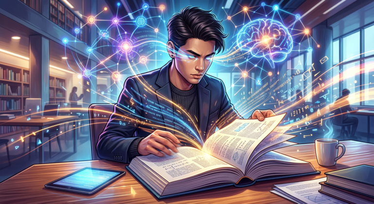 Um estudante focado lendo um livro rapidamente, com luzes e gráficos de redes neurais, simbolizando leitura dinâmica, memória aprimorada e aprendizado baseado em neurociência. Representa o curso Metaleitura de Renato Alves.