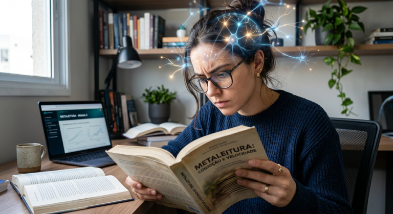 Pessoa lendo rapidamente um livro com foco intenso, simbolizando a leitura dinâmica e metaleitura para memorização e aprendizado acelerado do curso de Renato Alves.