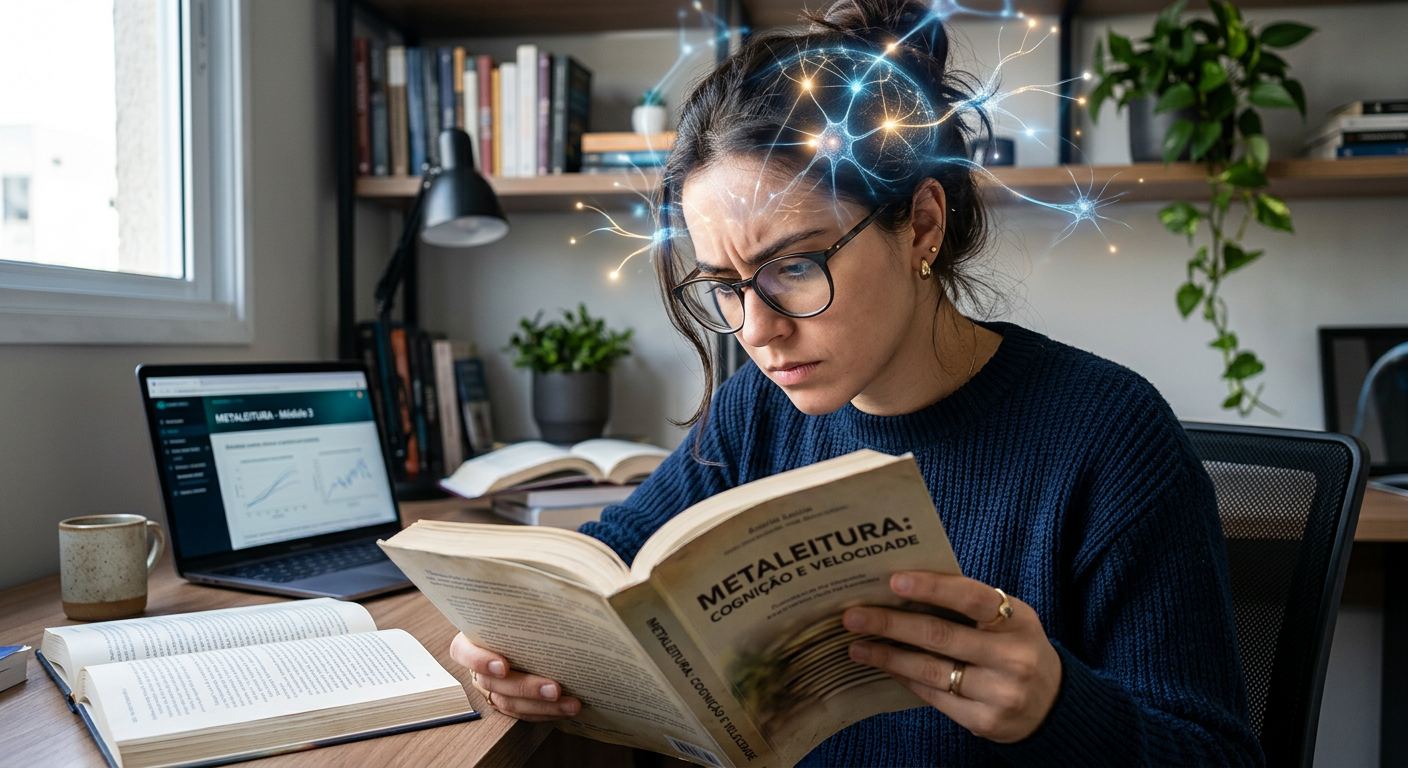 Pessoa lendo rapidamente um livro com foco intenso, simbolizando a leitura dinâmica e metaleitura para memorização e aprendizado acelerado do curso de Renato Alves.