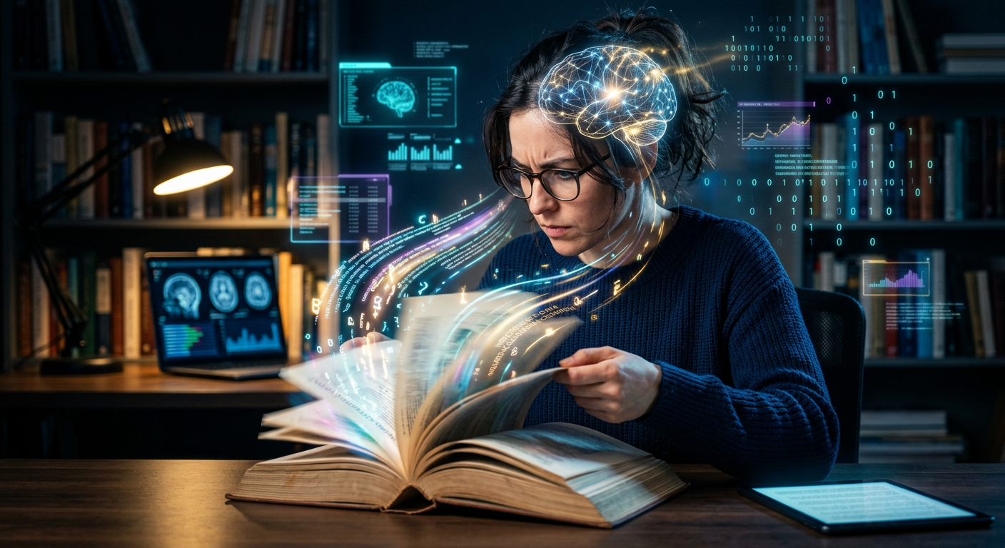 Pessoa lendo rapidamente com cérebro ativo e fluxo de conhecimento, representando o Método Metaleitura de Renato Alves.