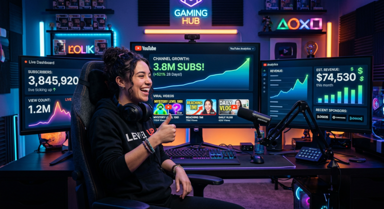 Gamer feliz e confiante em seu setup, com telas exibindo milhões de visualizações e crescimento viral no YouTube.