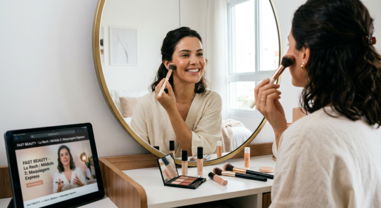 Mulher aplicando automaquiagem com confiança e praticidade, usando técnicas rápidas do curso Auto Make da Lu Rech para realçar sua beleza natural.