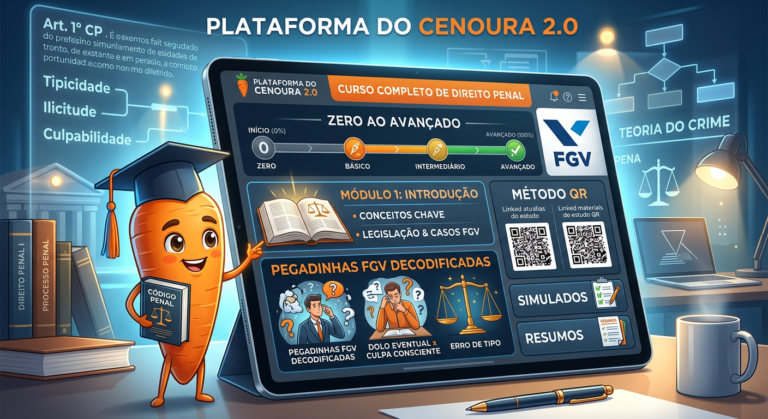 Ilustração digital da Plataforma do Cenoura 2.0, com um mascote de cenoura inteligente em frente a uma tela que exibe conteúdo de Direito Penal e Processo Penal da FGV, simbolizando a jornada de aprendizado do zero ao avançado com tecnologia.