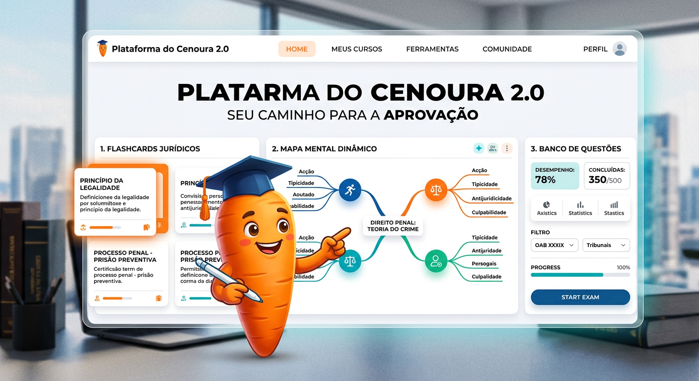 Interface da Plataforma do Cenoura 2.0 com mascote de cenoura, exibindo flashcards, mapas mentais e banco de questões para Direito Penal FGV e OAB.