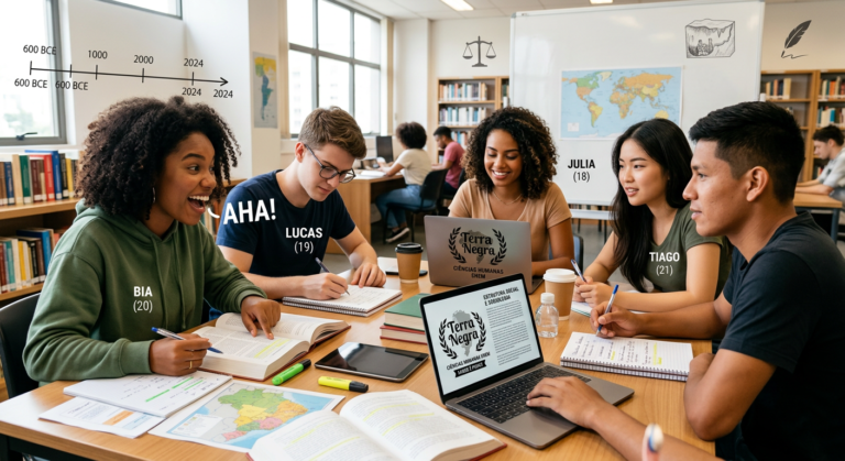 Estudantes diversos e engajados estudando Ciências Humanas para o ENEM 2026 com material didático e tecnologia, simbolizando a construção de uma base sólida.