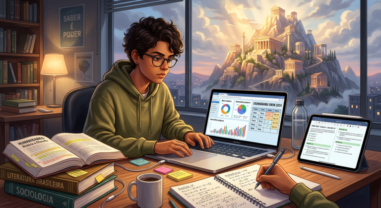 Jovem estudante focado em seu laptop com o Monte Olimpo ao fundo, simbolizando a preparação Extensivo PRO para ENEM e vestibulares em Ciências Humanas.