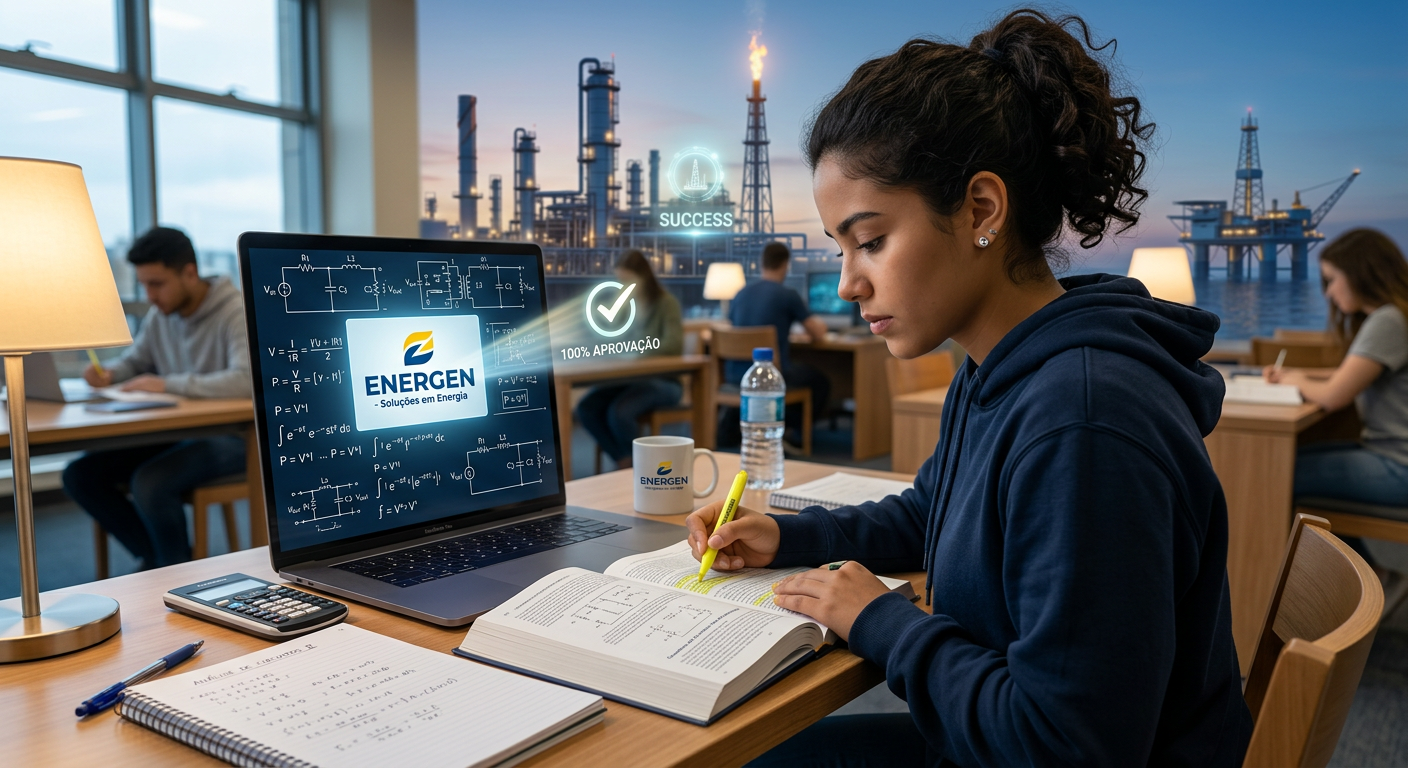 Jovem engenheiro(a) estudando circuitos elétricos e eletrônicos com foco para o concurso Petrobras, com laptop e simbolismos da indústria de energia no fundo, representando dedicação e aprovação.