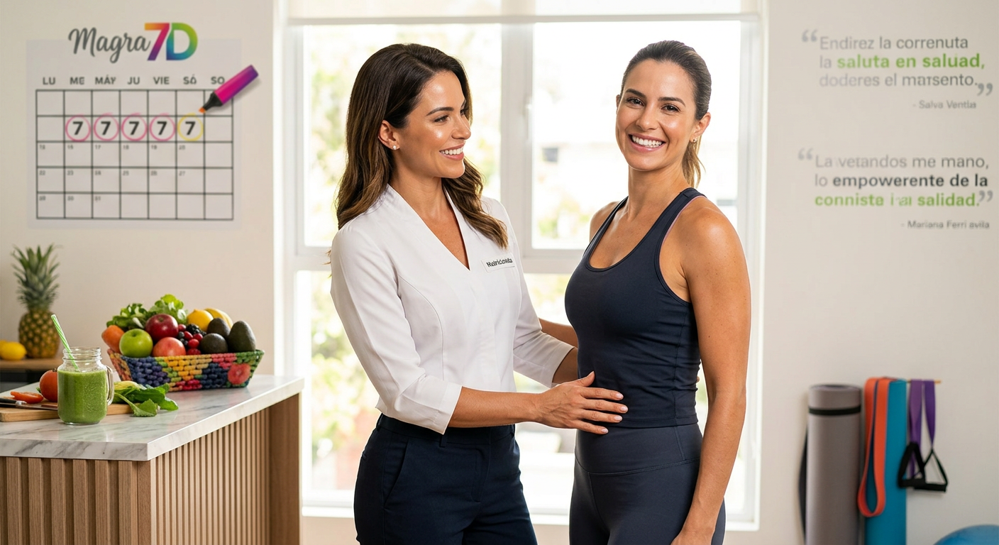 Mariana Ferri d'Avila, nutricionista, ao lado de uma mulher sorridente com corpo mais definido, simbolizando o sucesso do programa Magra 7D em 7 dias. Cena com elementos de alimentação saudável e bem-estar.