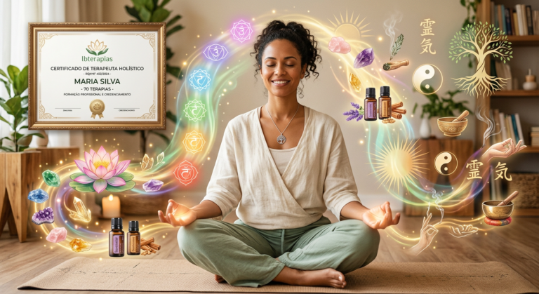 Pessoa em meditação cercada por símbolos de 70 Terapias Holísticas, representando a Formação Ibterapias e certificação profissional.
