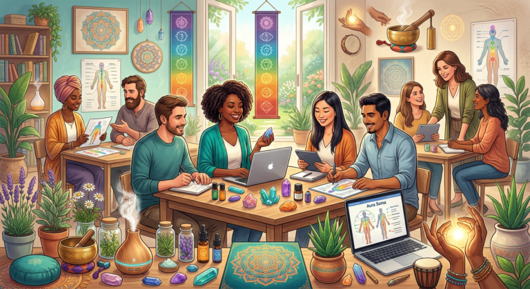 Mulher estudando terapias holísticas online com notebook, rodeada por símbolos de Reiki, cristais e óleos essenciais.