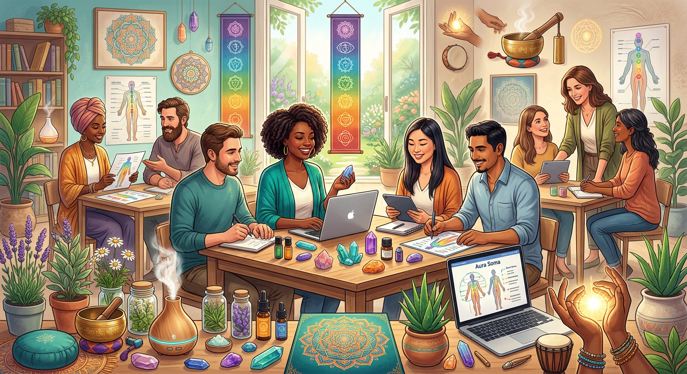 Mulher estudando terapias holísticas online com notebook, rodeada por símbolos de Reiki, cristais e óleos essenciais.