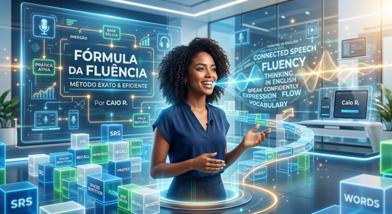 Pessoa falando inglês fluentemente com metodologia de blocos espaçados do curso Fórmula da Fluência de Caio R.