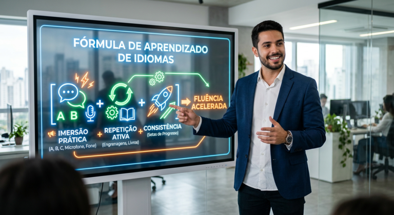 Homem confiante apresentando a 'Fórmula da Fluência' para inglês em uma lousa digital, com símbolos de aprendizado rápido e eficiente.