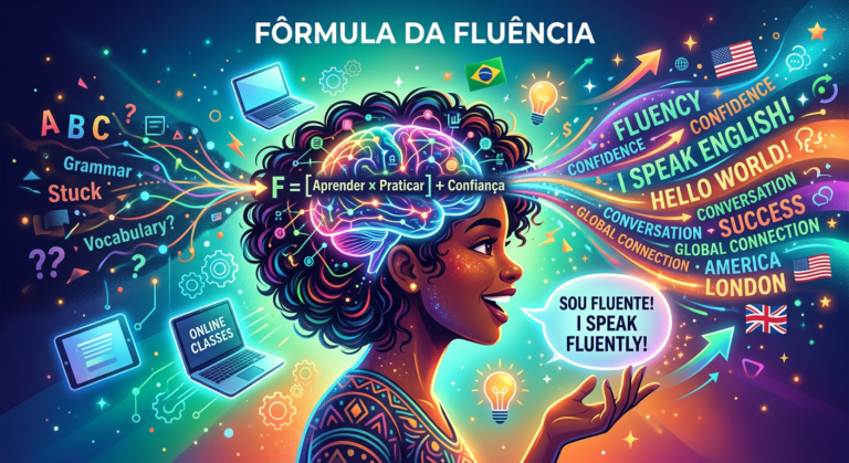 Ilustração conceitual do curso 'Fórmula da Fluência' de Caio R., com um cérebro ou mente processando o idioma e formando palavras fluentes, simbolizando aprendizado acelerado.